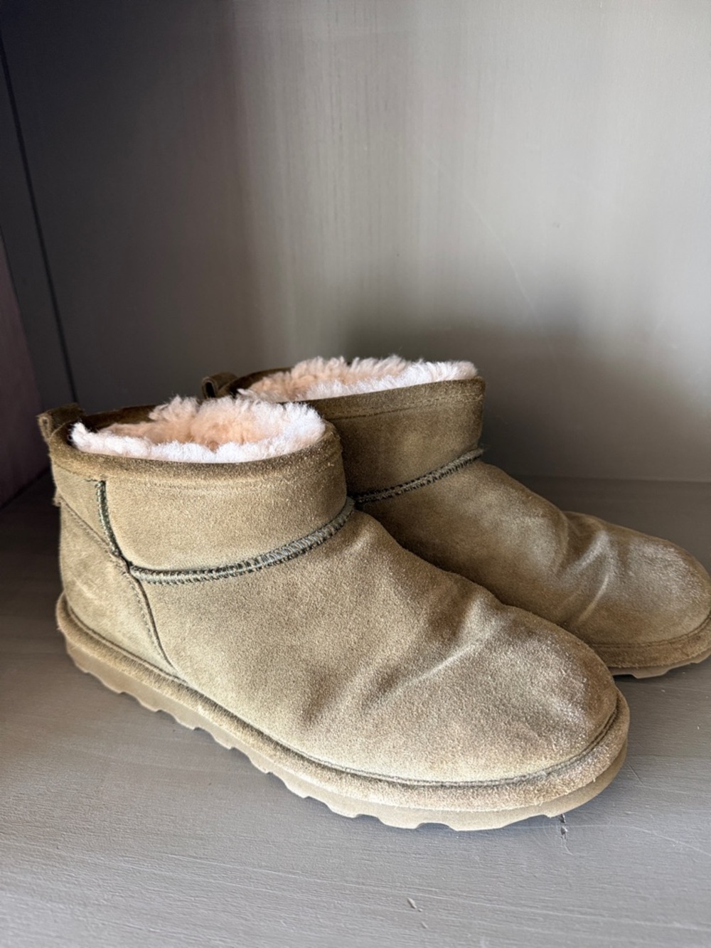 Shearling-Lined Suede Ankle Boots in olive green